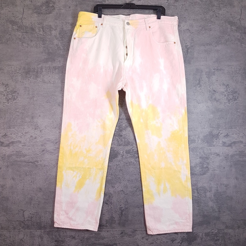 Levis 501 93 Straight Tie Dye Denim Button Fly Jeans Mens 38x30 Pink Yellow